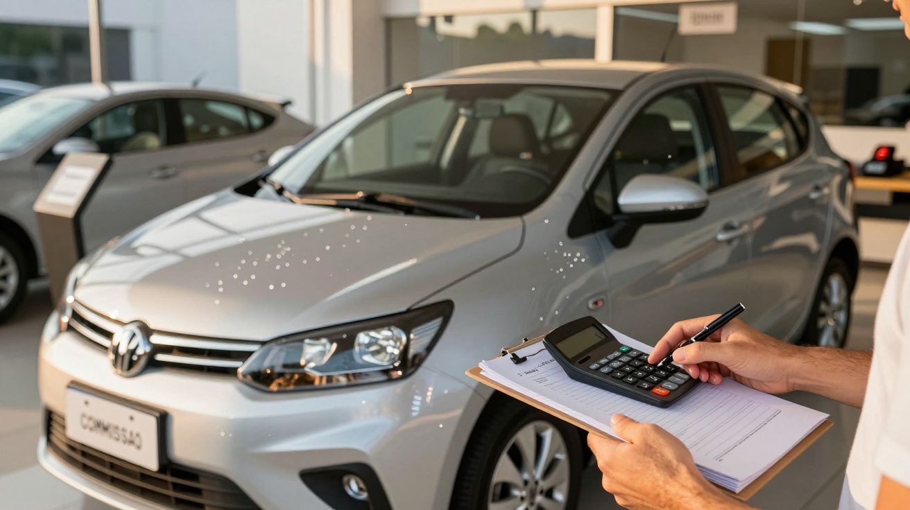 Pessoa calcula preço de carro num concessionário, segurando uma calculadora e um bloco de notas.