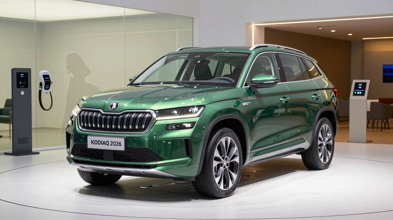 SUV verde Škoda Kodiaq 2026 em exibição num stand, com design moderno e detalhes elegantes.