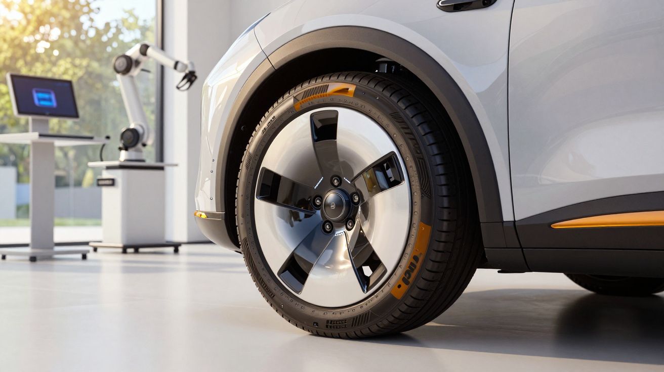 Roda de carro futurista em detalhe, com robô ao fundo num espaço moderno iluminado.