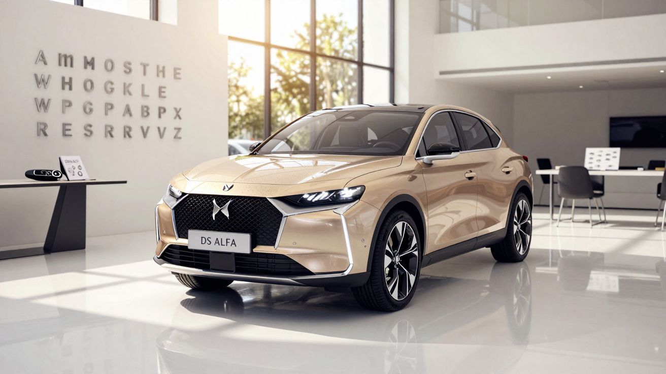 Carro DS Alfa dourado em exposição num showroom moderno e elegante, com luz natural e decoração minimalista.