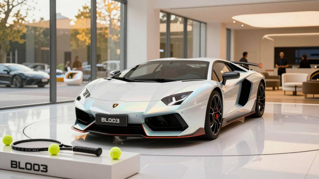 Carro desportivo branco exposto em salão de automóveis com raquete e bolas de ténis em destaque à frente.