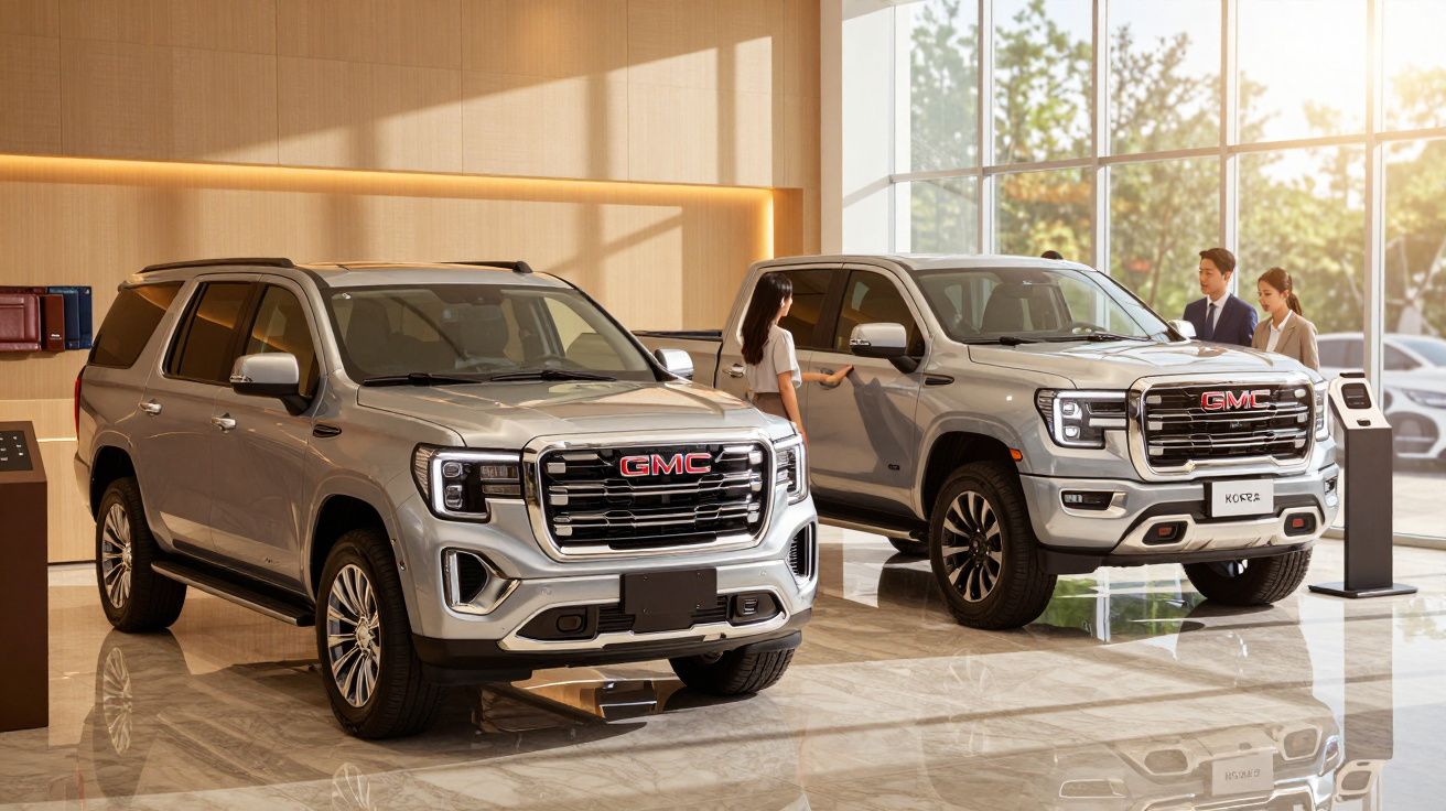 Dois SUV prateados da GMC expostos num showroom moderno com pessoas ao fundo, iluminação suave.