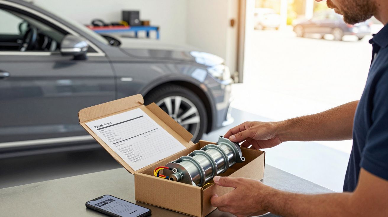 Homem inspecciona peça automóvel numa caixa, com carro cinza ao fundo e smartphone sobre a mesa.