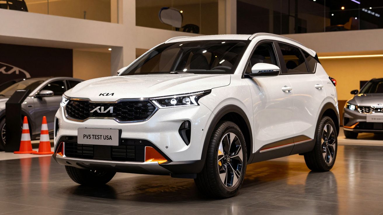 SUV branco da Kia exposto num showroom iluminado.