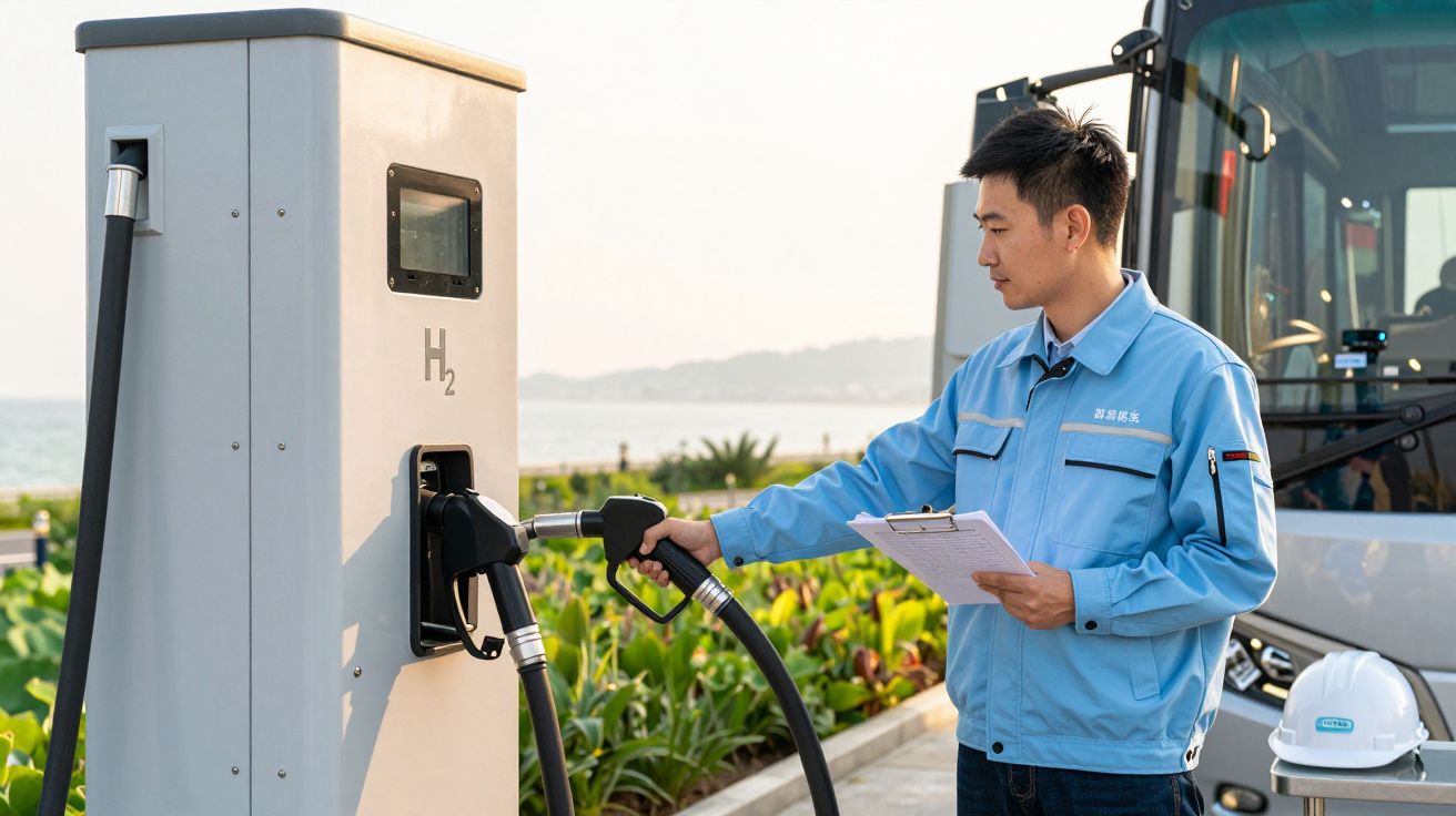 Homem abastece autocarro com hidrogénio numa estação, perto do mar, segurando um bloco de notas.