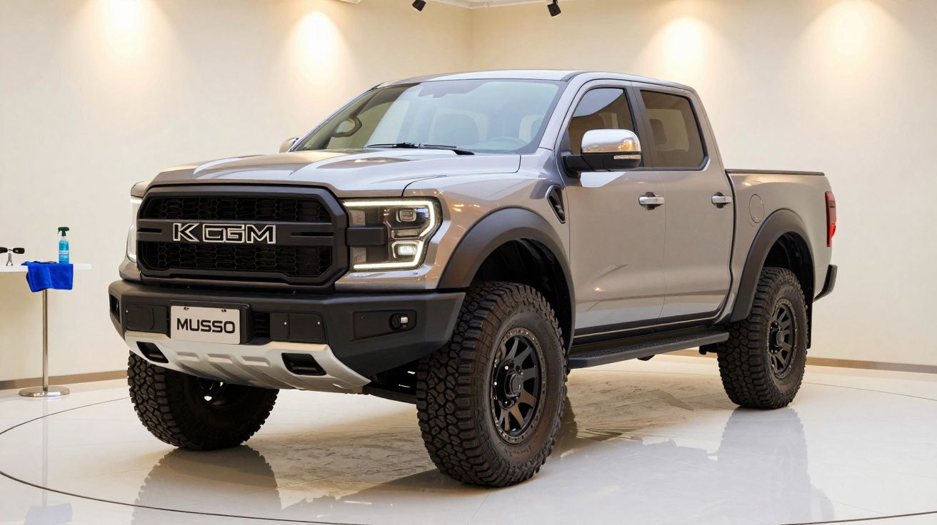 Camião pickup cinzento em exibição num salão automóvel bem iluminado.