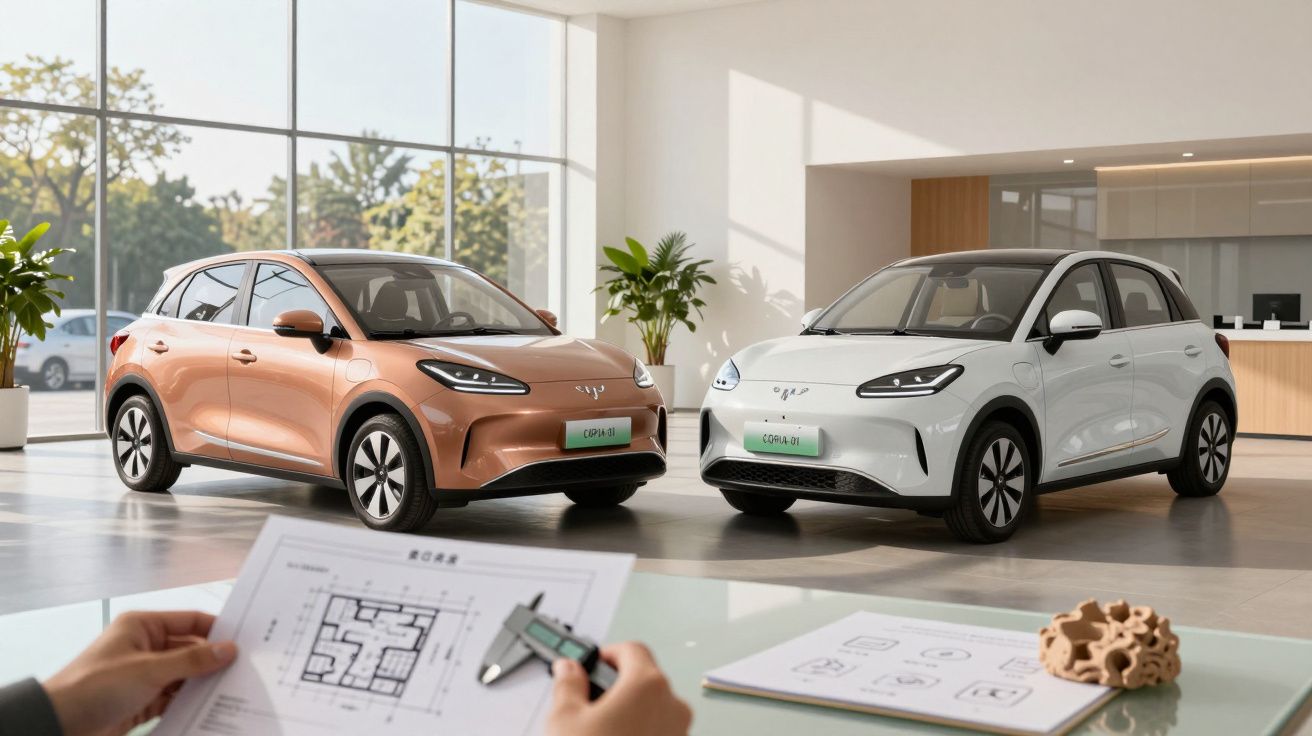 Dois carros elétricos em exposição num showroom moderno, com plantas e luz natural.