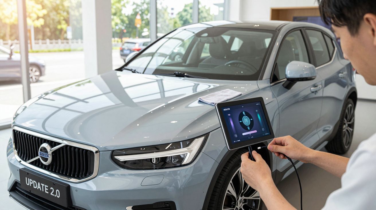 Homem ajusta configurações de um carro cinza claro usando um tablet numa concessionária iluminada.