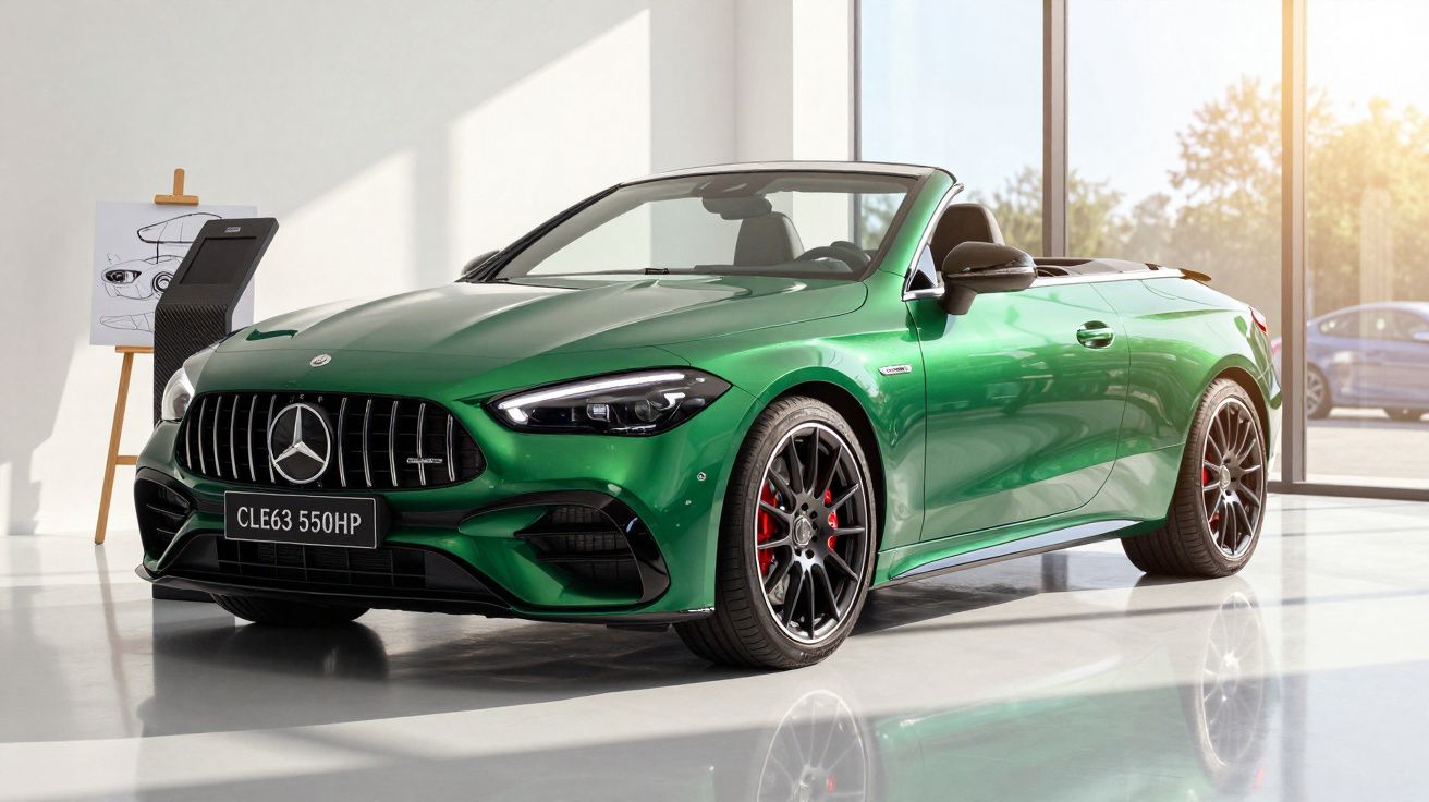 Carro desportivo verde Mercedes descapotável num showroom com janelas amplas e fundo ensolarado.
