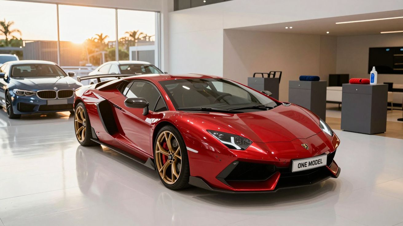 Carro desportivo vermelho estacionado num showroom com sol a pôr-se ao fundo e outros carros visíveis ao lado.