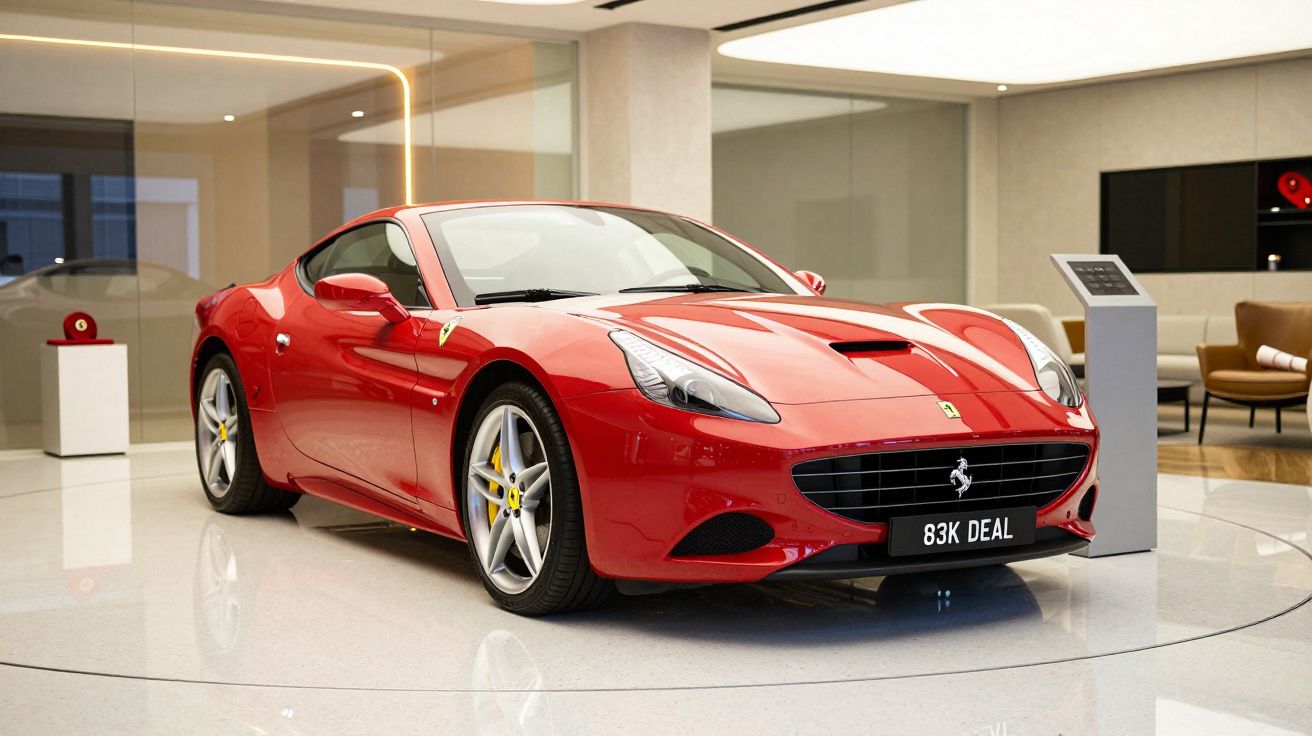 Carro desportivo vermelho em exposição num showroom elegante, com piso brilhante e iluminação suave.