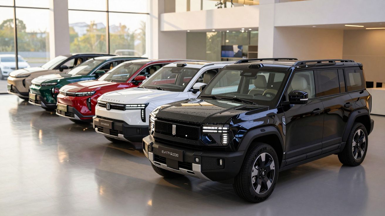Cinco carros SUV de cores variadas estacionados em exposição num showroom iluminado.