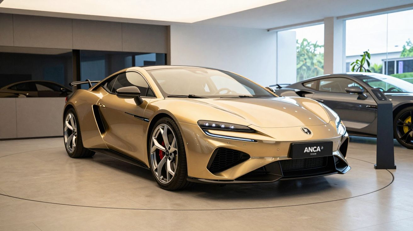 Carro desportivo dourado exibido num showroom moderno com luz suave e grandes janelas ao fundo.
