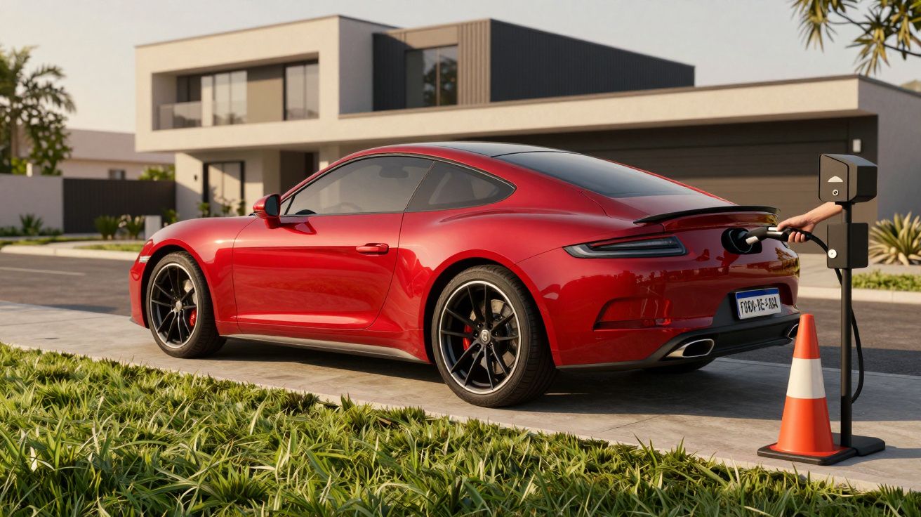 Carro desportivo vermelho a carregar numa estação elétrica em frente a uma casa moderna.
