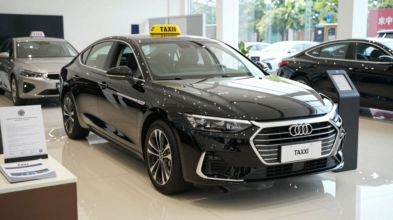 Carro Audi preto com placa de táxi, exposto em showroom moderno.