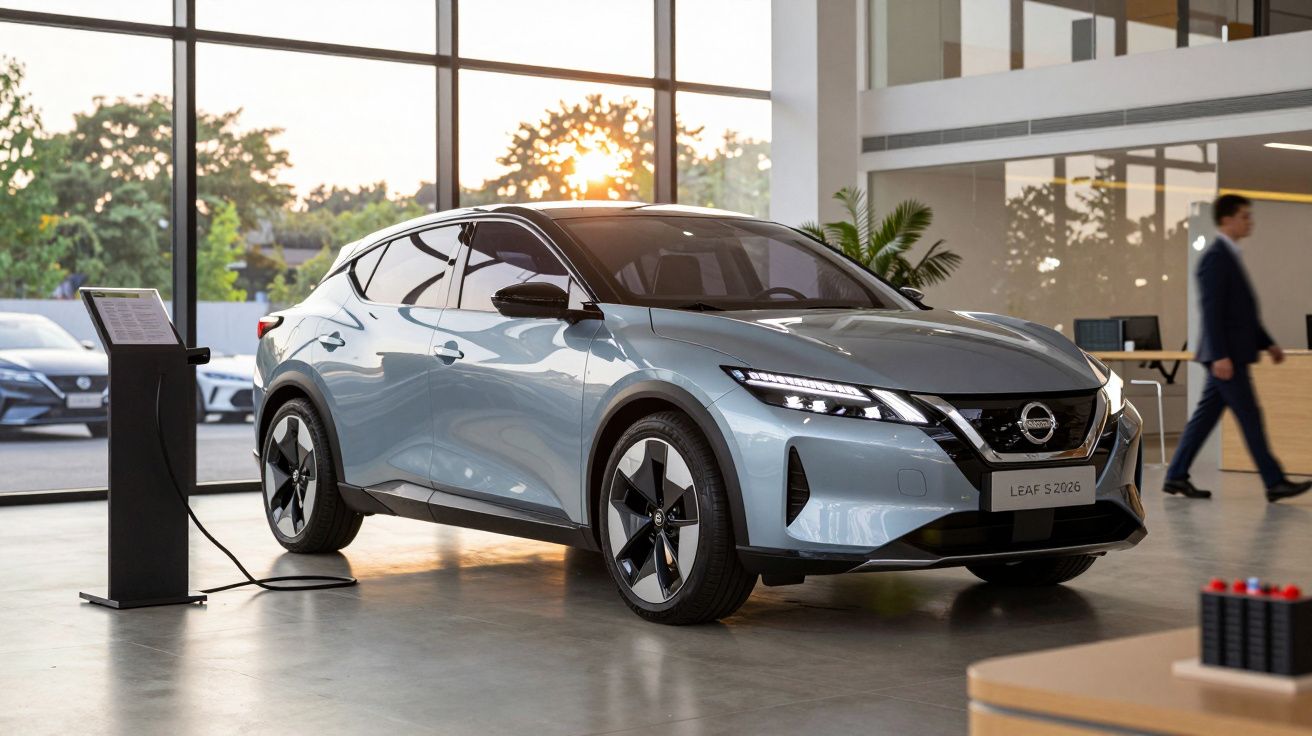 Carro elétrico Nissan Leaf a carregar num salão iluminado pelo sol, com um homem ao fundo e árvores pela janela.