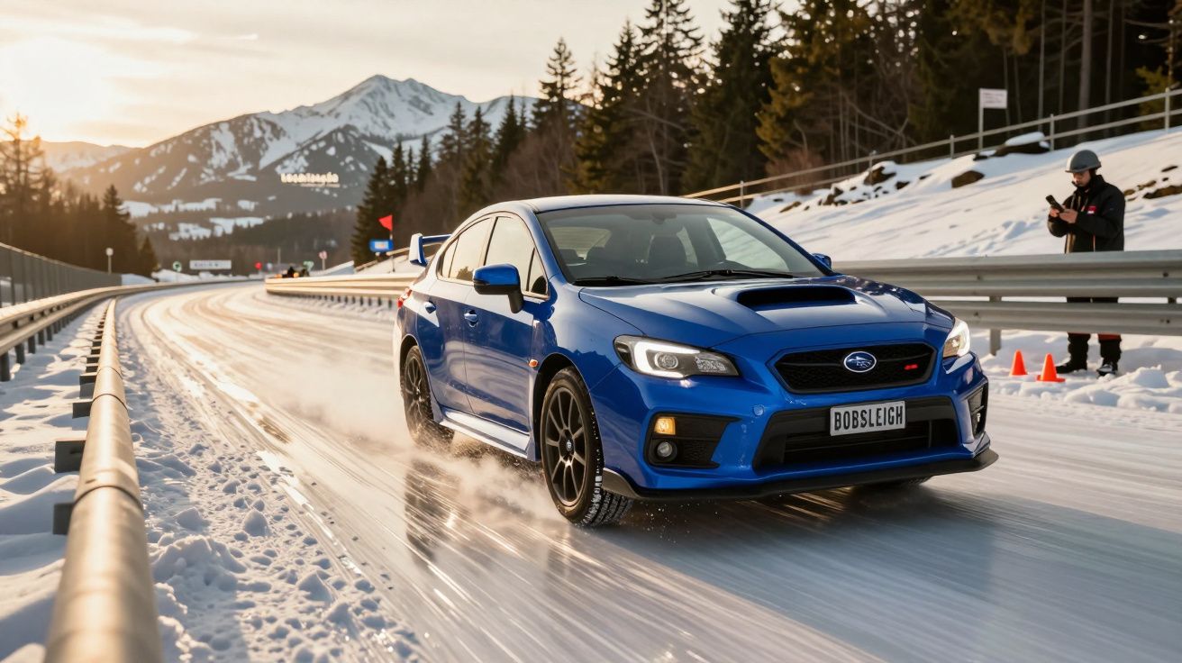 Carro azul a circular numa pista de gelo cercada de montanhas e árvores, com uma pessoa ao fundo.