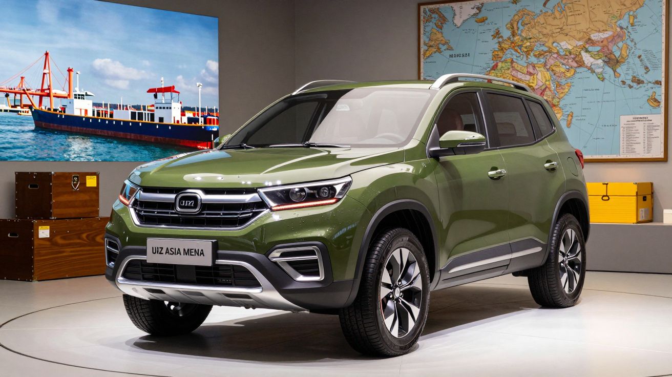 SUV verde em exposição interior com mapa mundial e imagem de porto ao fundo.