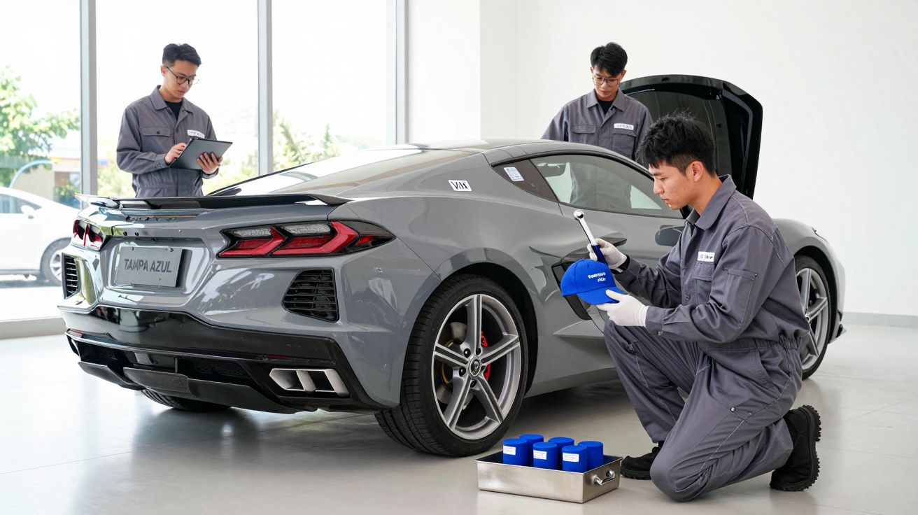 Três técnicos inspecionam um desportivo cinza numa oficina, um deles ajoelhado ajusta peças, os outros anotam observações.