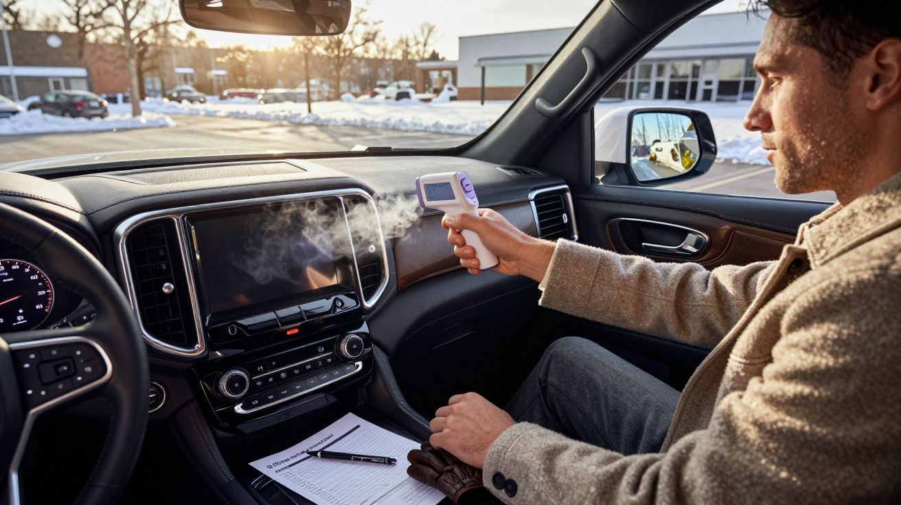 Homem no carro usa termómetro infravermelho no painel, com papéis e caneta ao lado, exterior com neve.