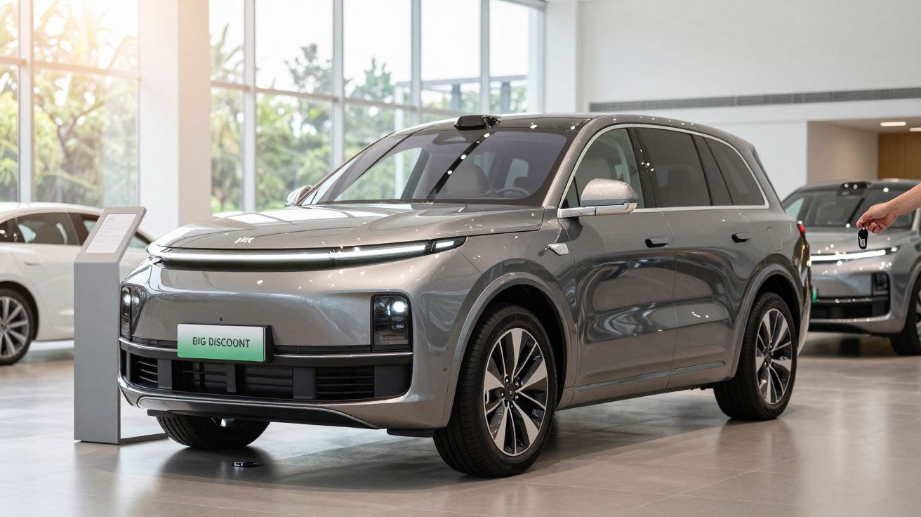 SUV prateado em exposição num showroom iluminado, com aviso de grande desconto na frente.