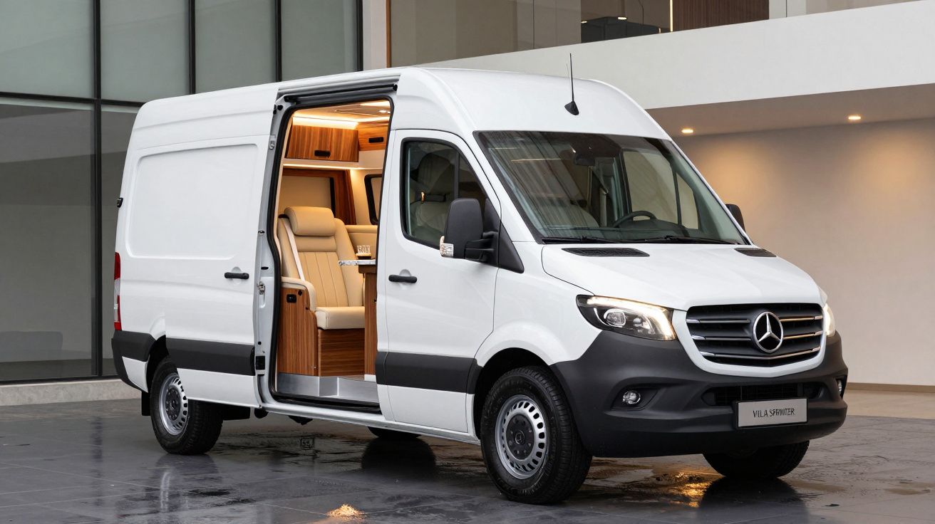 Carrinha Mercedes-Benz branca com porta lateral aberta, exibindo interior luxuoso com bancos de couro bege.