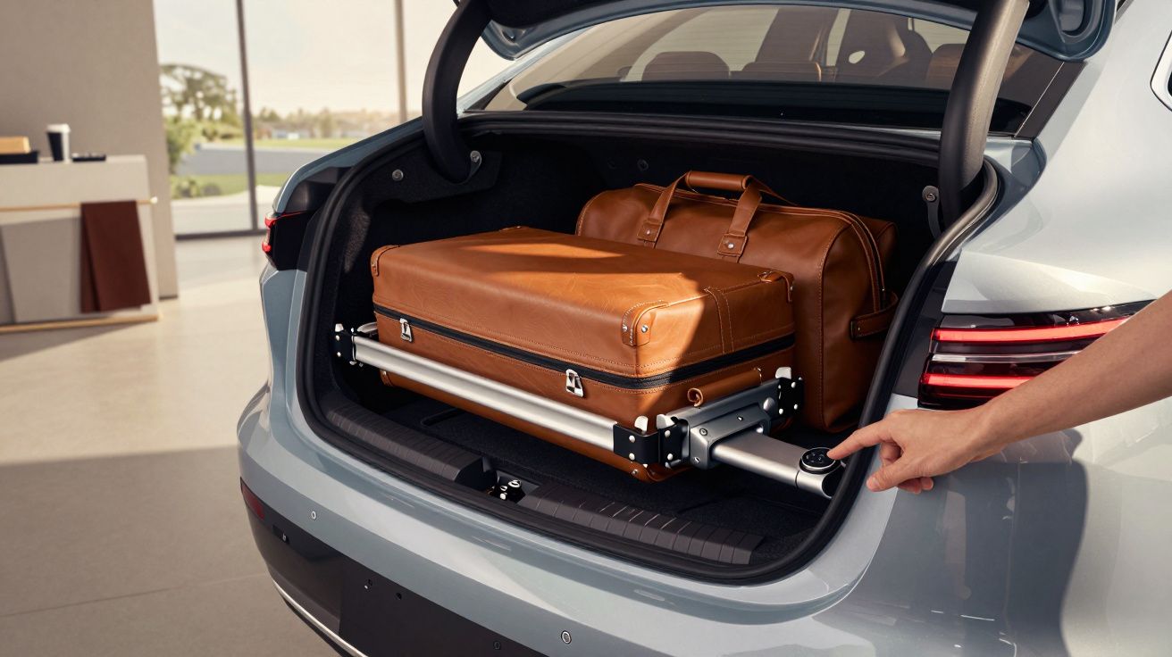 Mala de viagem e bolsa de couro castanho no porta-bagagens aberto de um carro, com barra ajustável de suporte.