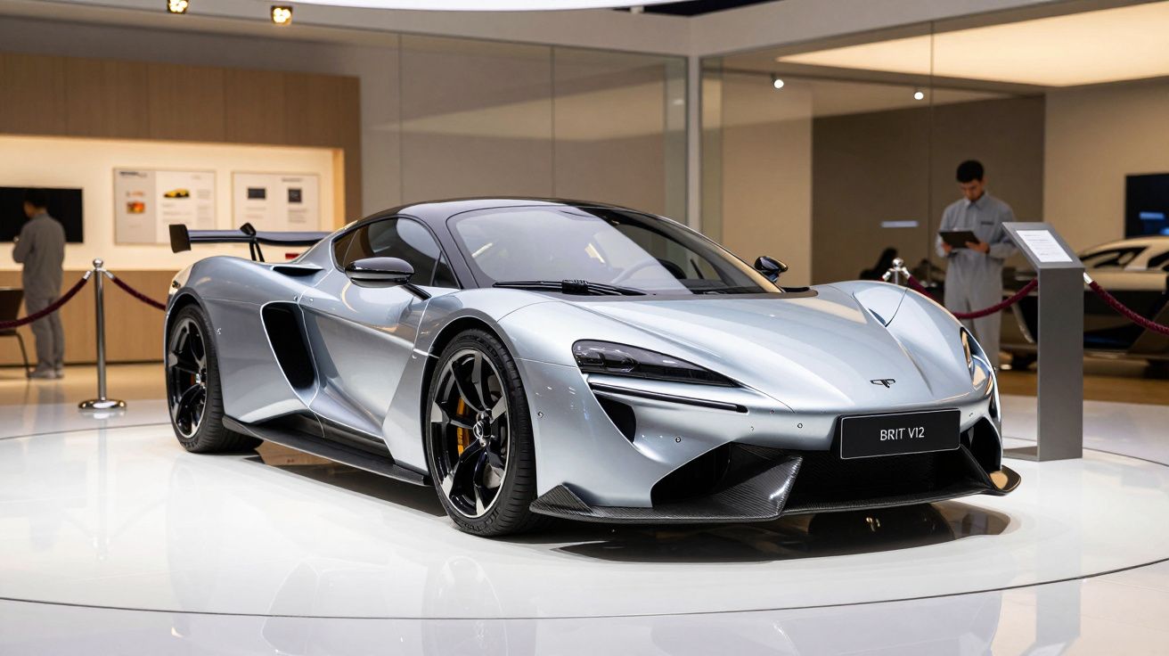 Carro desportivo prateado numa exposição, com design aerodinâmico e jantes pretas, em ambiente iluminado.