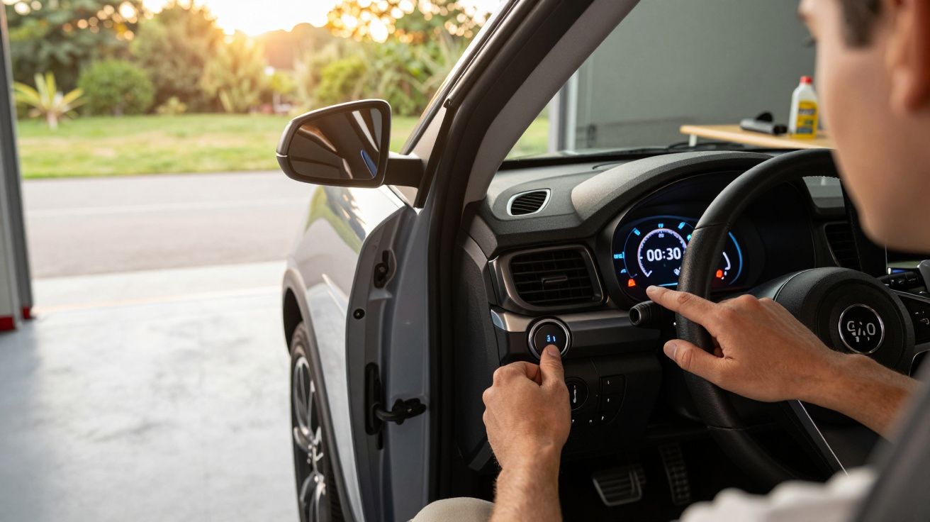 Pessoa ajustando o botão no painel de um carro moderno em uma garagem com luz do dia ao fundo.