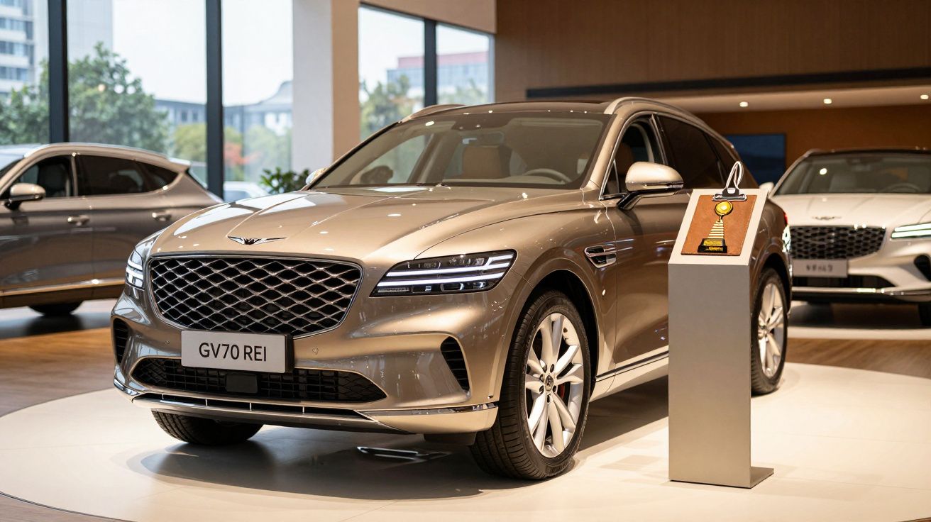 SUV dourado Genesis GV70 em exposição num salão automóvel, ao lado de um troféu numa coluna cinza.