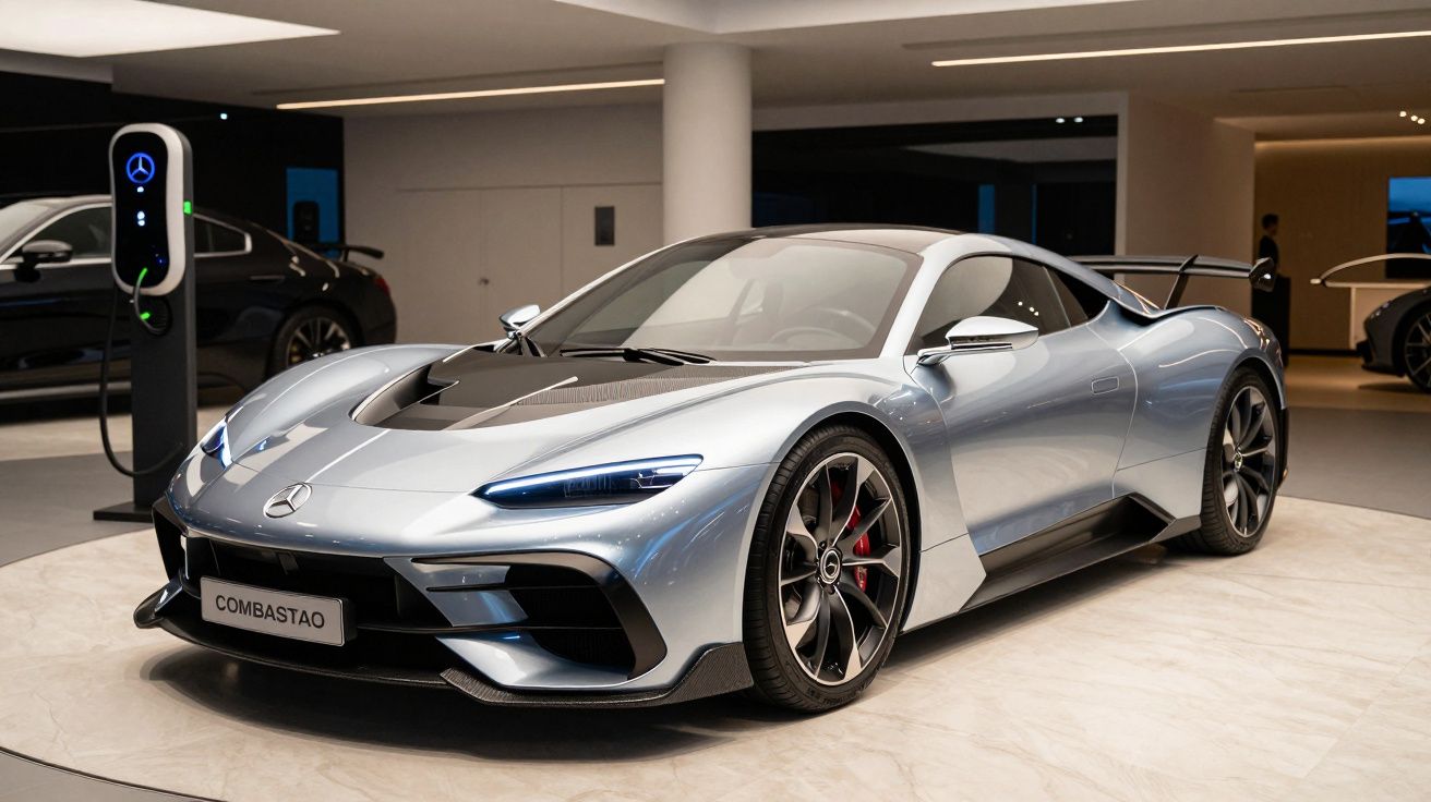 Carro desportivo prateado em exposição, com design aerodinâmico, num showroom bem iluminado.