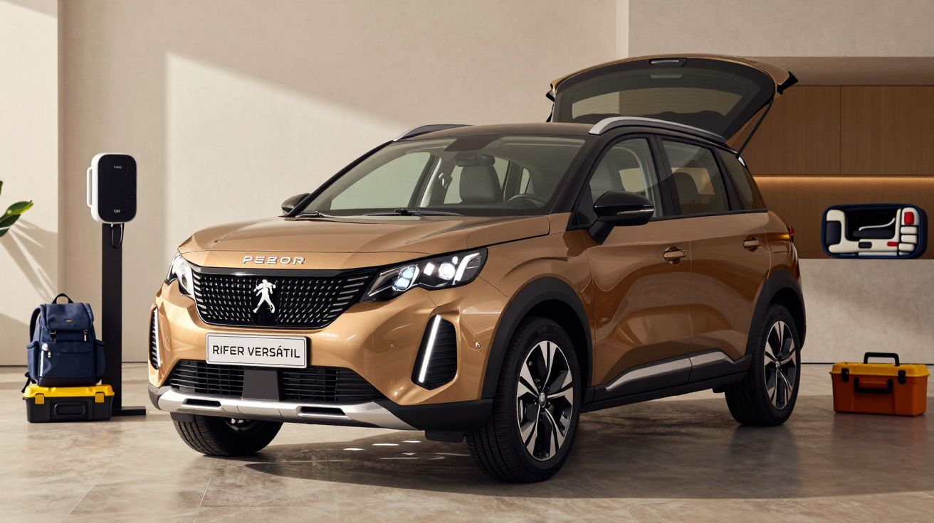 SUV dourado da Peugeot com porta-bagagens aberta, estacionado em interior moderno, mochila e mala ao lado.