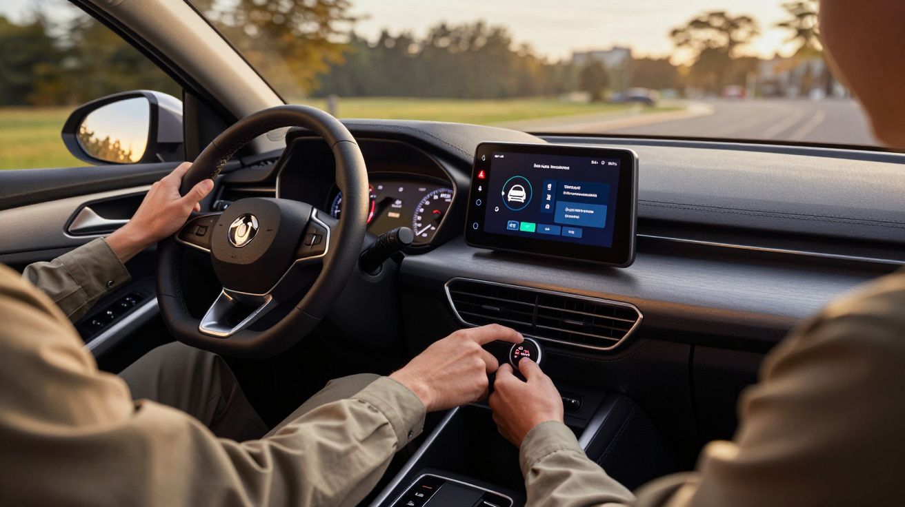 Condutor a ajustar o sistema de navegação no ecrã tátil de um carro moderno em movimento numa estrada arborizada ao entardece