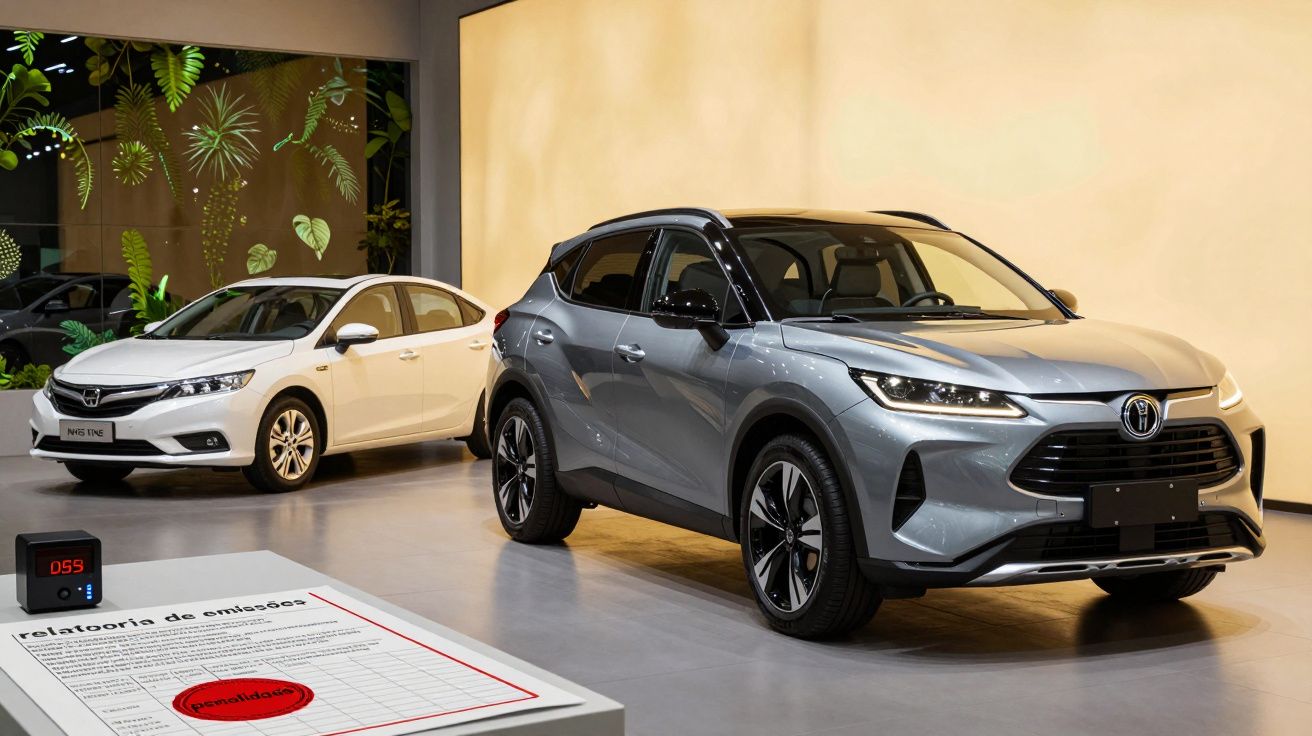 Dois carros novos em exibição num showroom iluminado, ao lado de uma tabela de emissões.