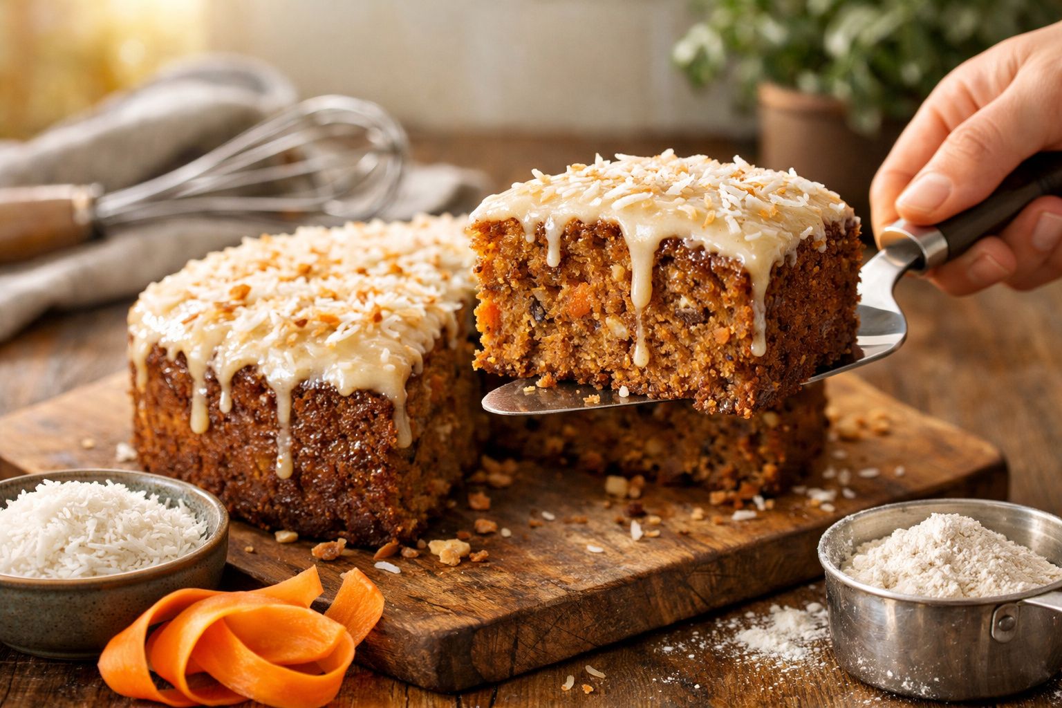 Bolo de cenoura com cobertura de coco ralado, sendo cortado em fatias; tigela de molho ao lado.