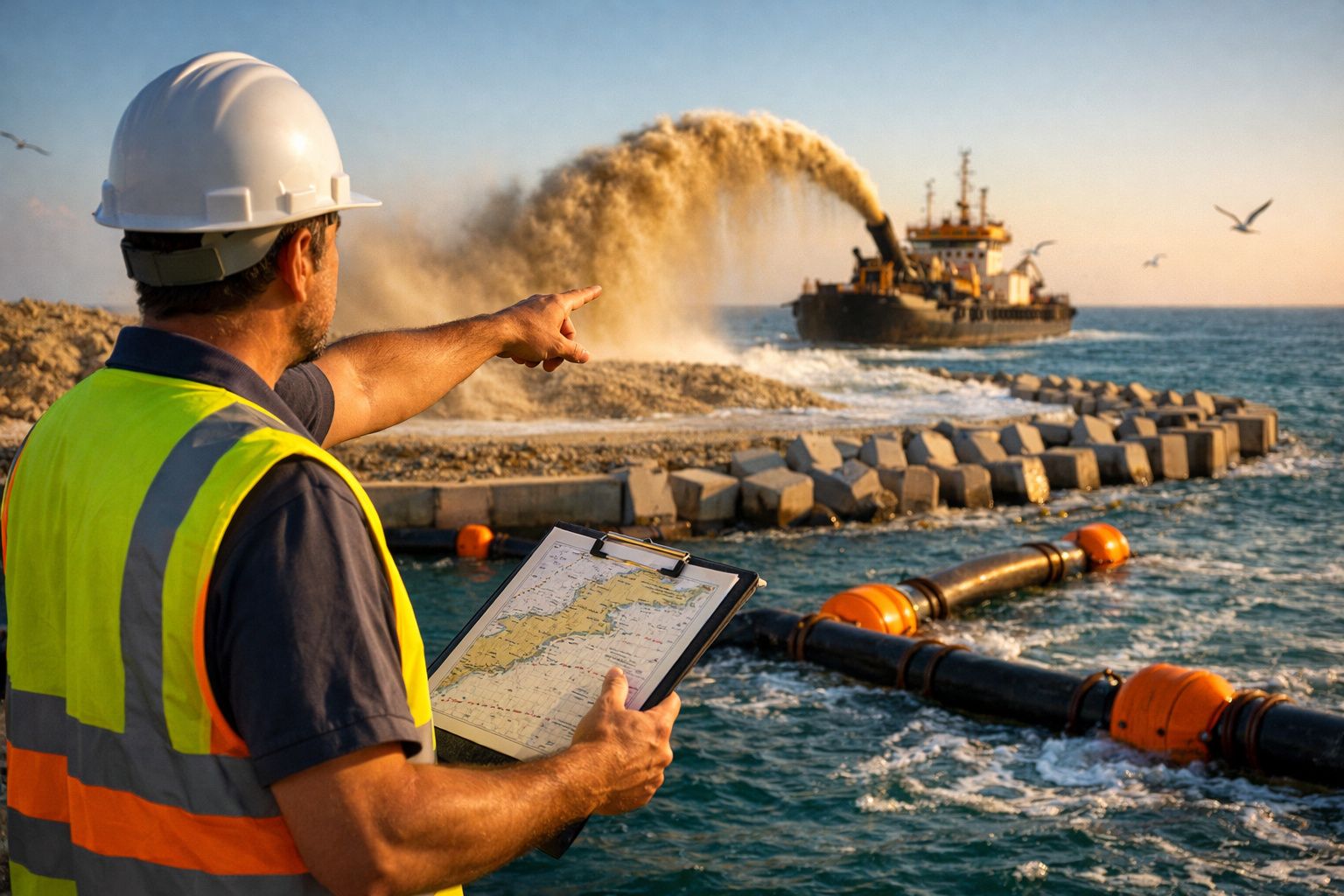 Draga despejando sedimentos no mar, formando uma pequena ilha artificial; várias gruas visíveis ao fundo.