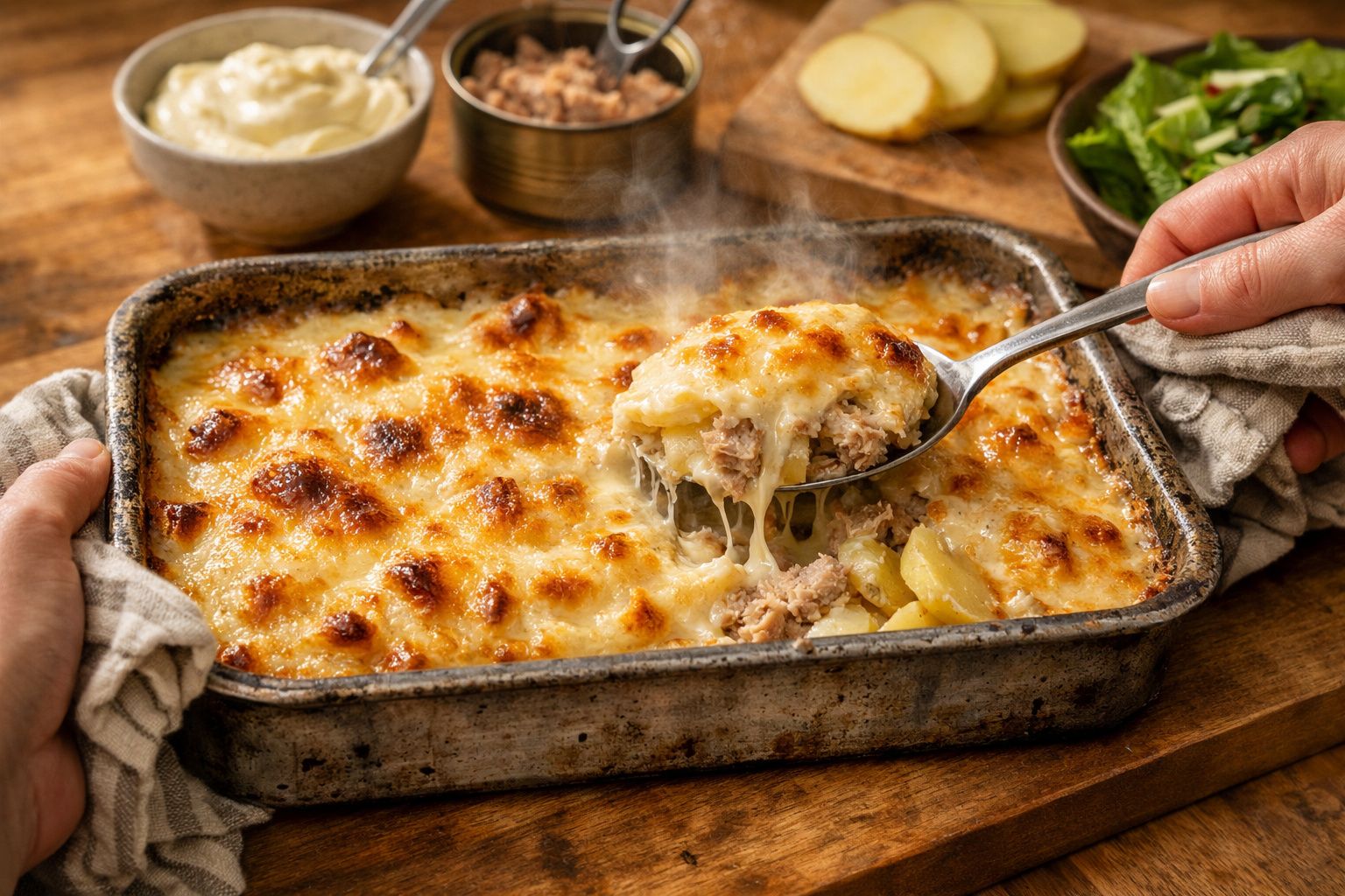 Mãos segurando um tabuleiro de lasanha dourada e fumegante em cima de uma mesa rústica, com tigelas ao lado.