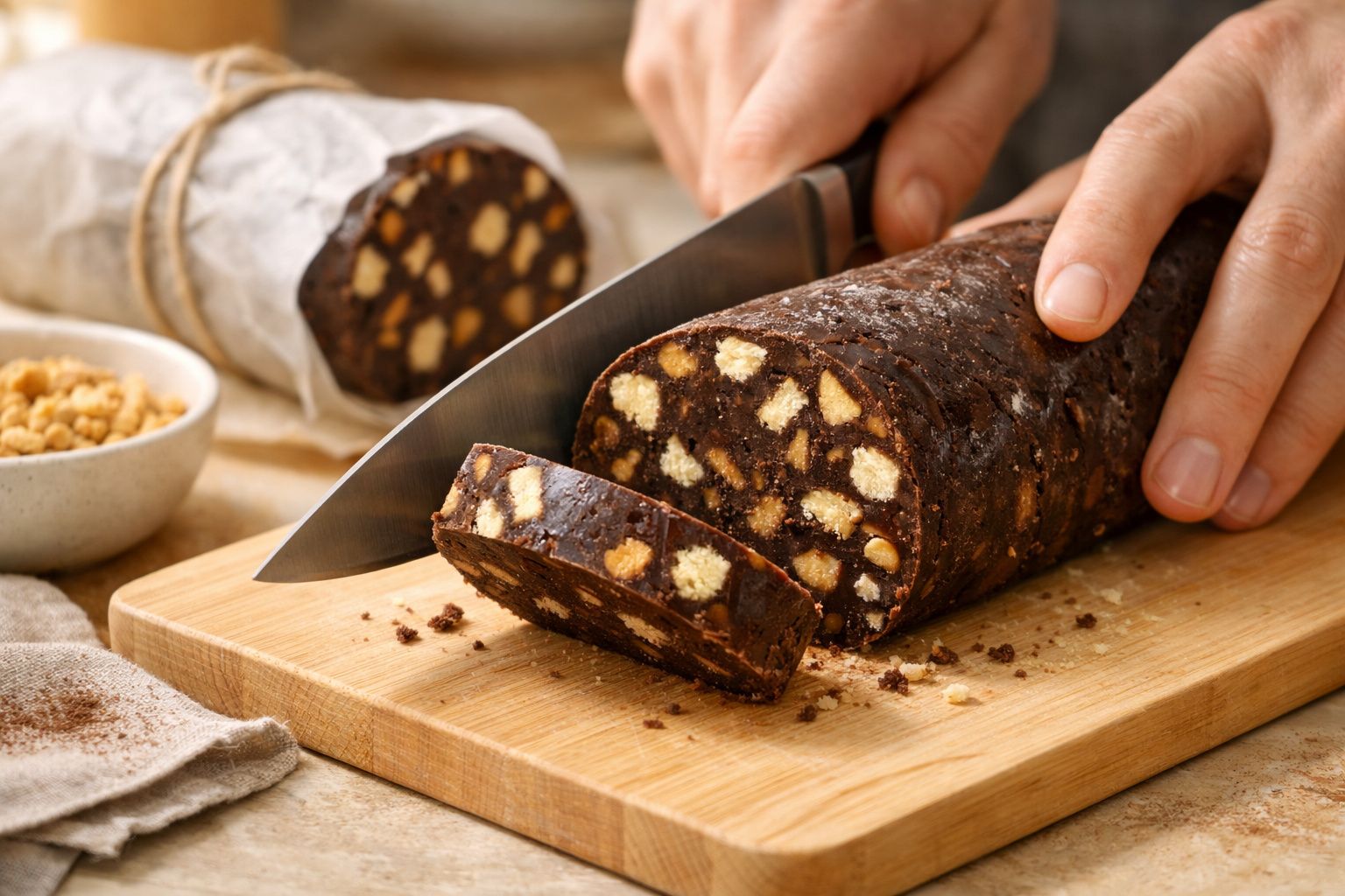 Pessoa a cortar salame de chocolate com bolachas num tabuleiro de madeira.