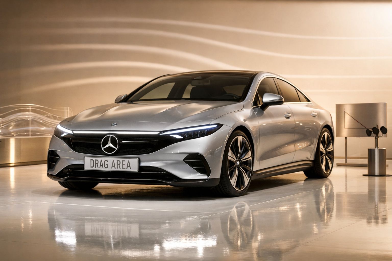 Sedan cinza da Mercedes-Benz em exposição, com fluxo de ar aerodinâmico simulado à sua volta, num pedestal em sala moderna.
