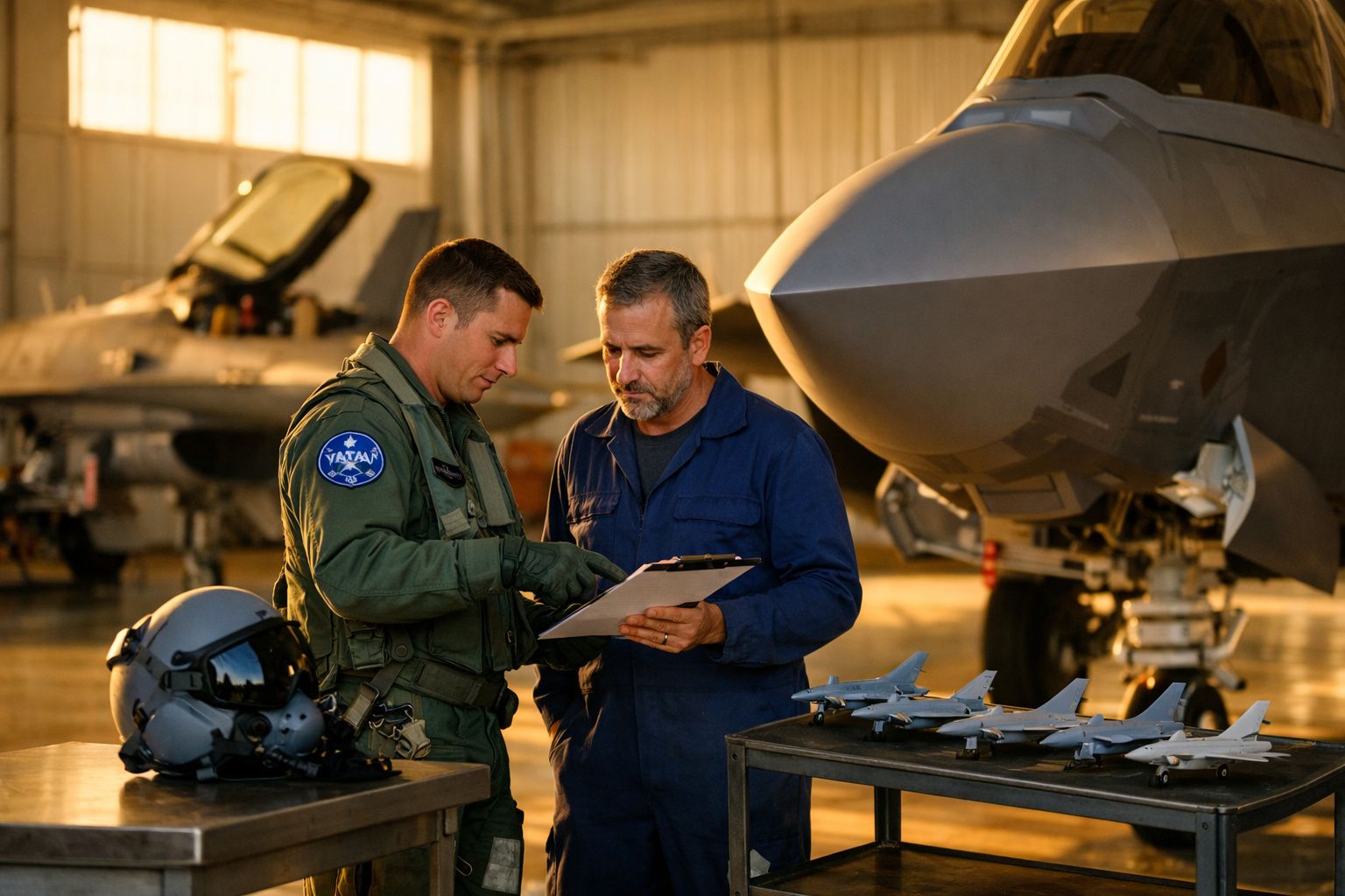 Dois homens em uniforme militar discutem ao lado de um avião, um segura uma prancheta com gráficos de aviões.
