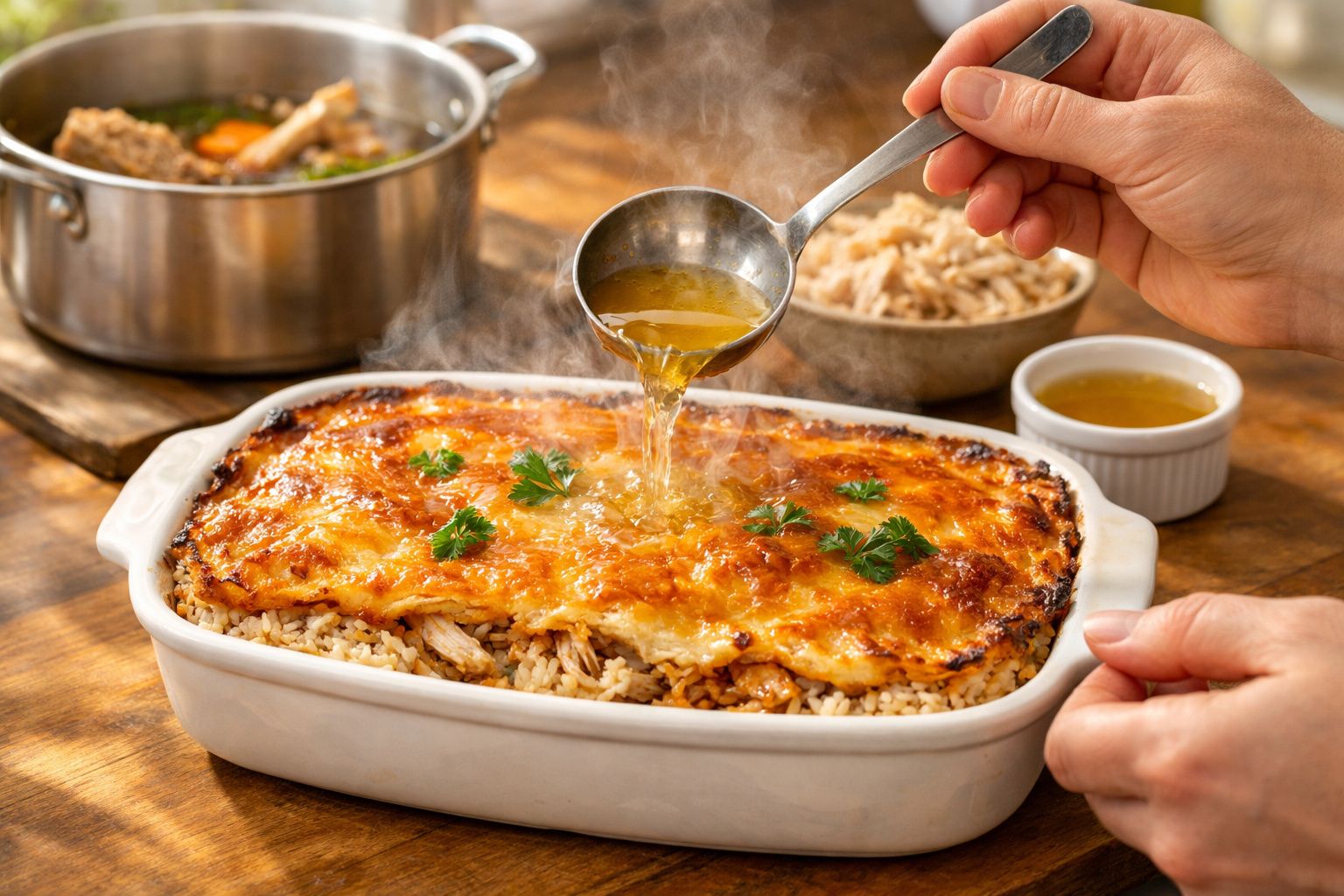 Empadão dourado num tabuleiro, uma fatia a ser servida, e alguém a pincelar manteiga quente por cima.