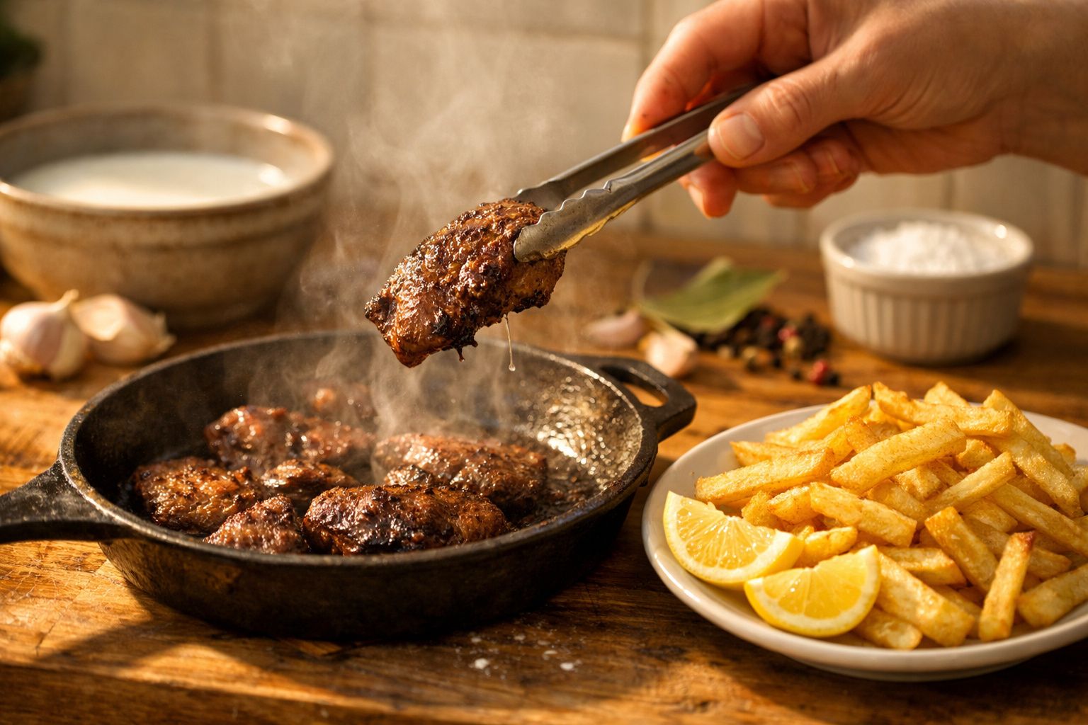 Pessoa escorrendo carne num coador enquanto frita as outra parte em uma frigideira; batatas fritas ao lado.