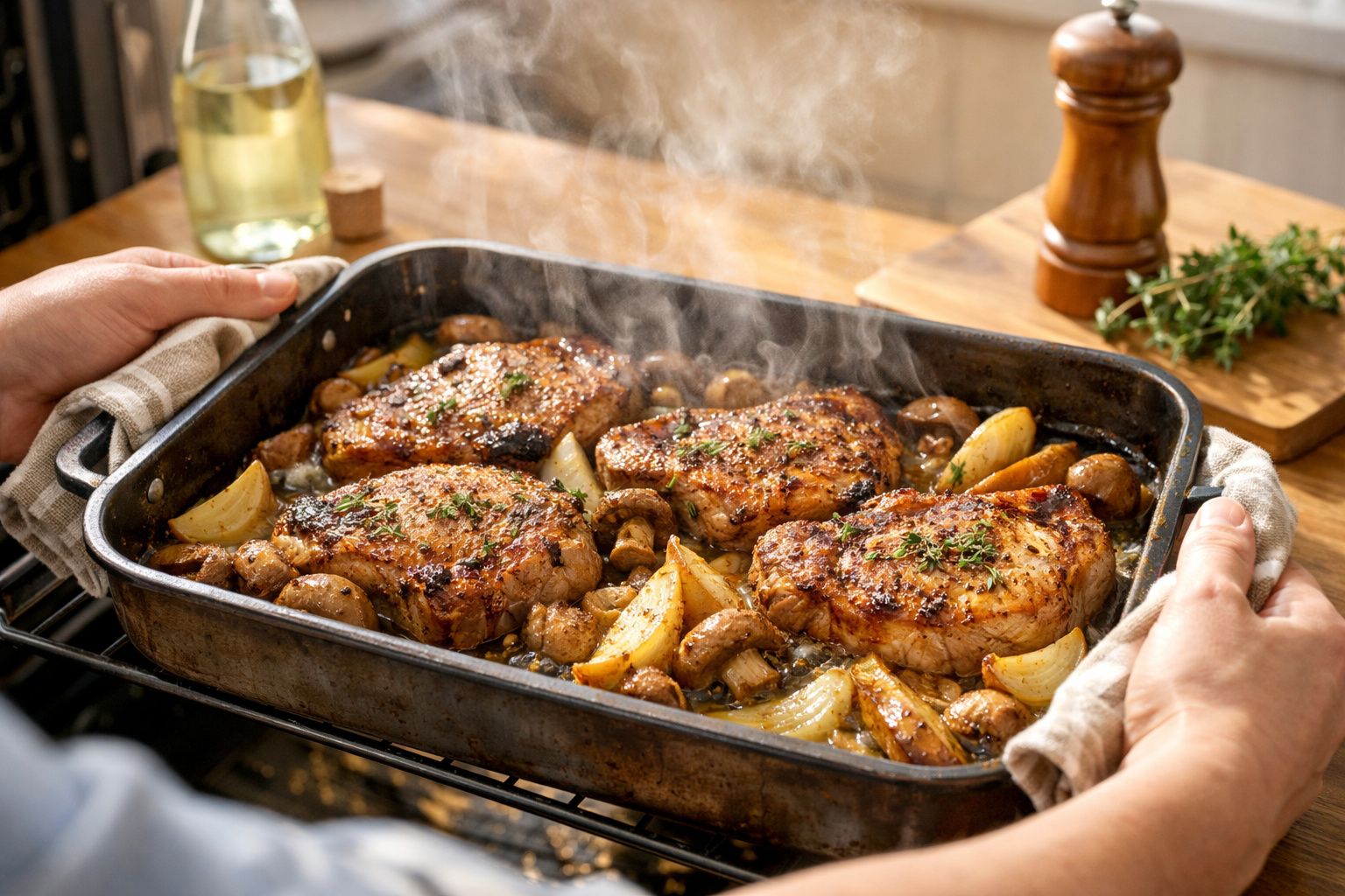 Bifes suculentos em travessa com cogumelos e cebolas, enquanto é vertido um líquido dourado por cima.