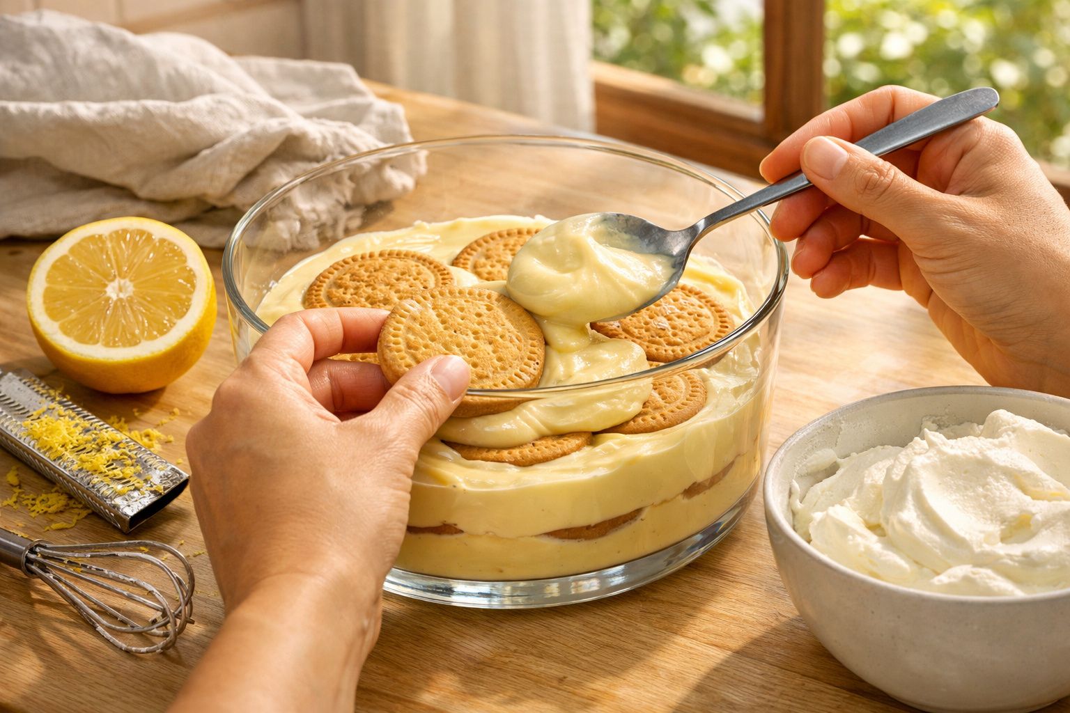 Pessoa prepara sobremesa em taça de vidro com camadas de bolacha, creme amarelo e natas. Limões e amêndoas ao lado.