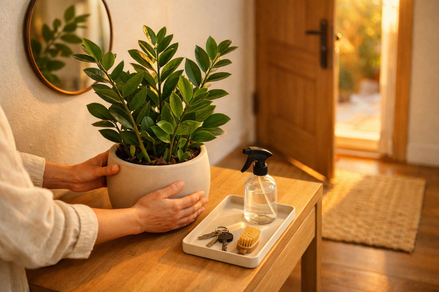 Pessoa cuida de planta num vaso branco sobre mesa de madeira, com spray, toalha e chaves ao lado.