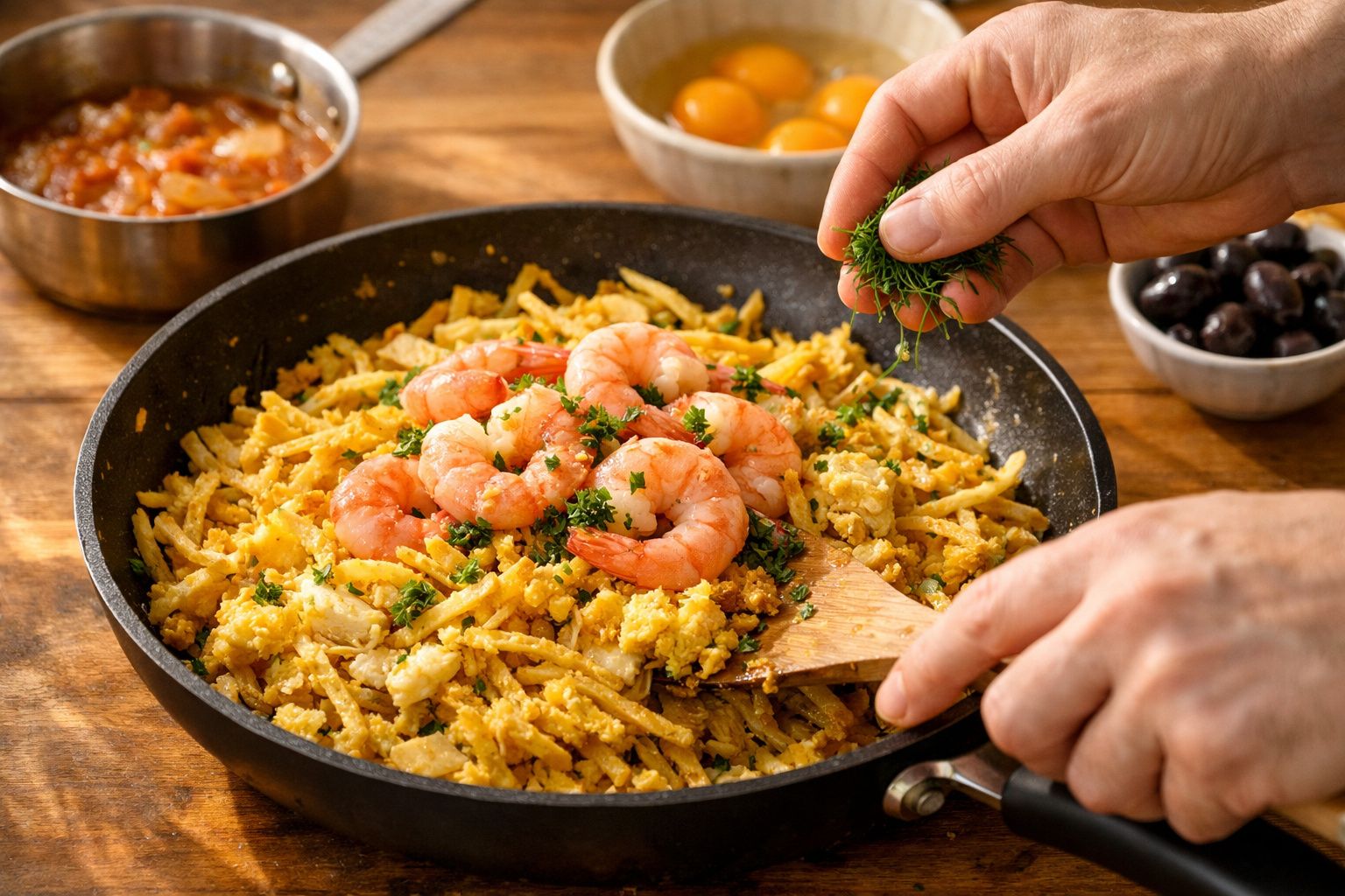 Prato de camarão com batata palha, coberto com molho de tomate e salsa, sendo preparado numa frigideira.