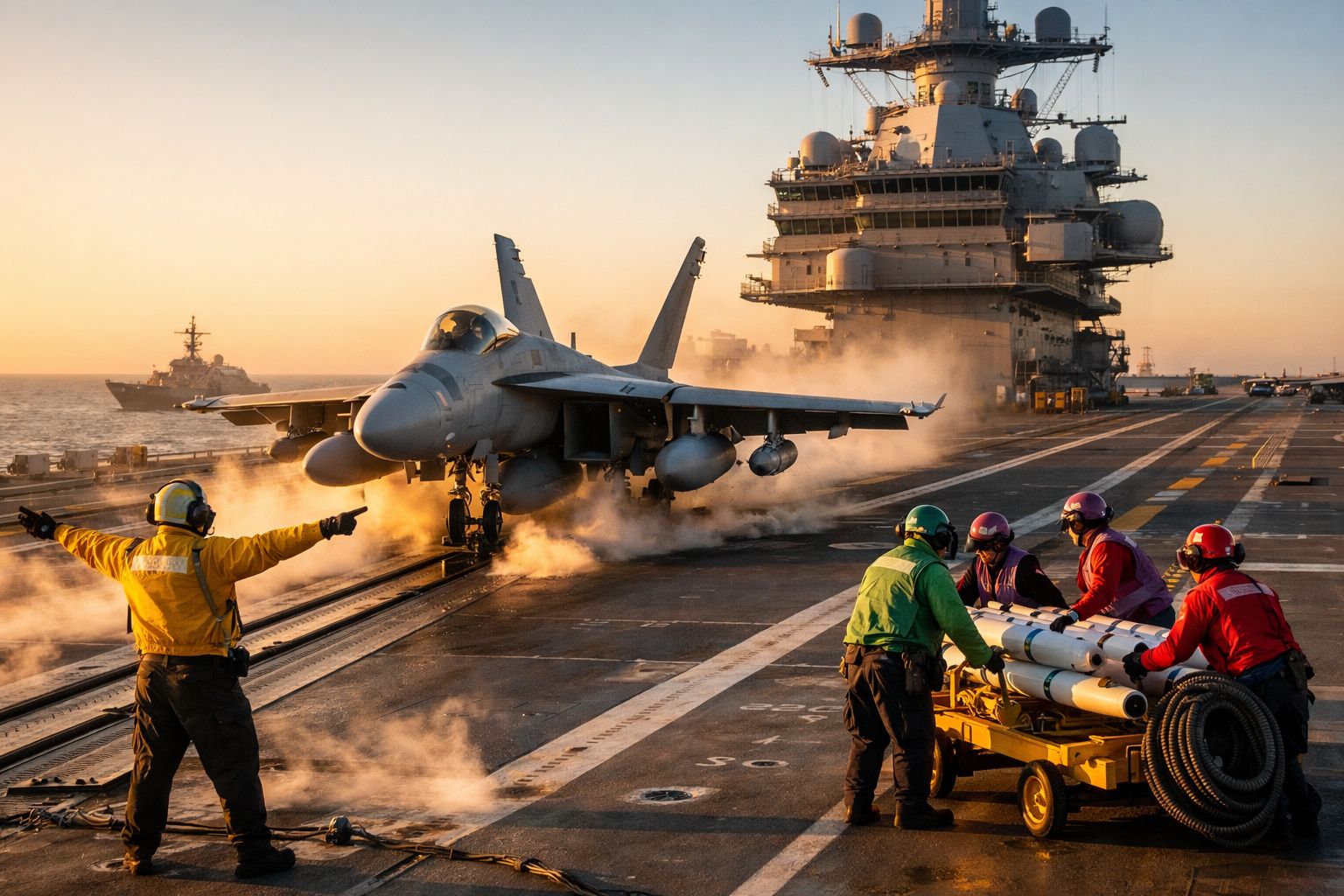 Operador de aviação orienta um caça a jato a descolar de um porta-aviões ao pôr do sol.