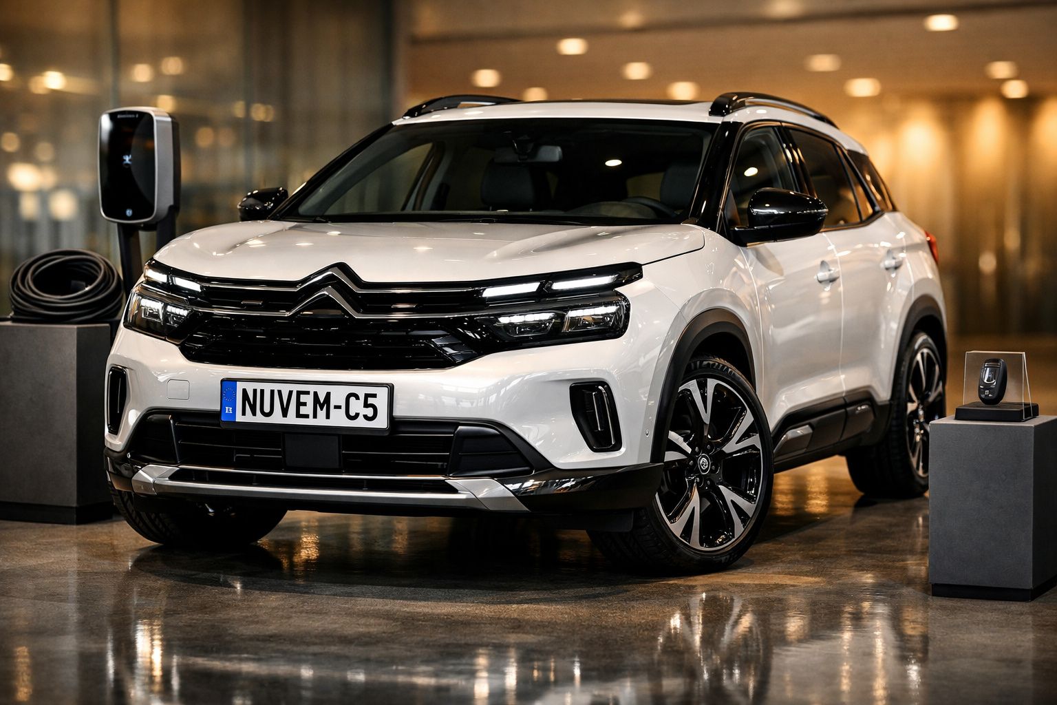 SUV Citroën C5 Aircross preto num interior iluminado, ao lado de um carregador elétrico.