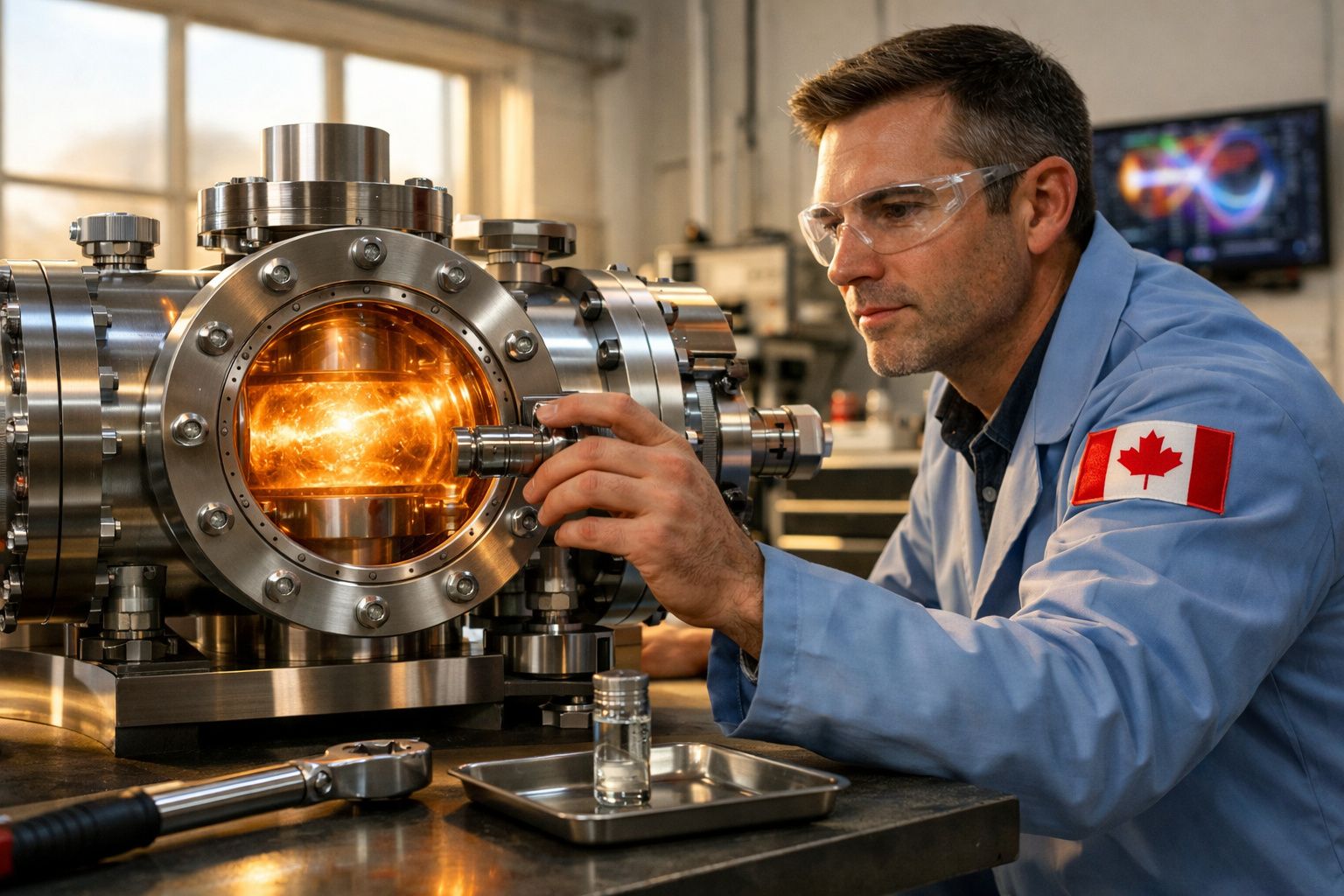 Cientista com tablet observa máquina de laboratório com uma luz azul brilhante no interior, numa instalação moderna.