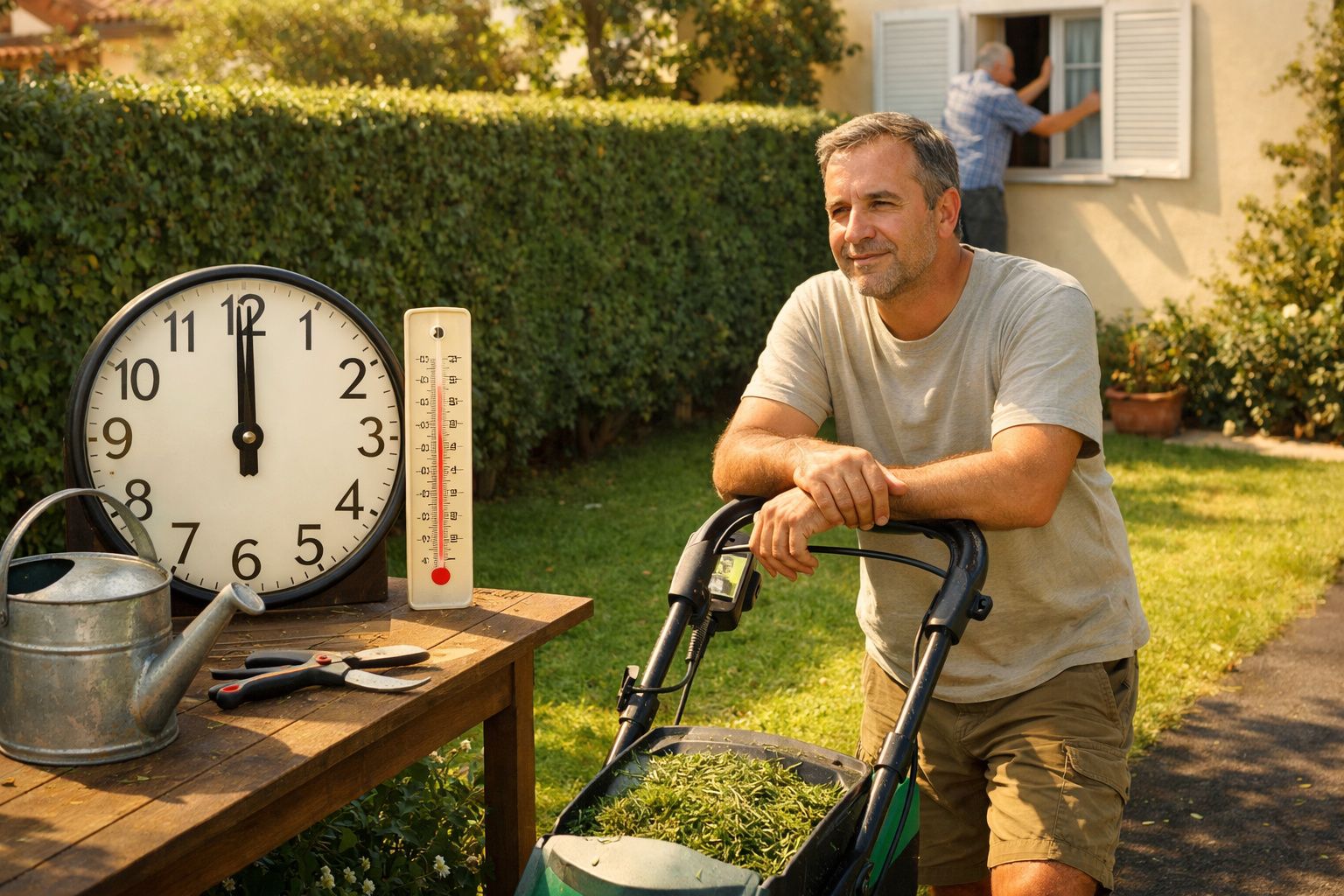 Homem com cortador de relva ao lado de mesa com relógio, termómetro e regador, em jardim com sebe.